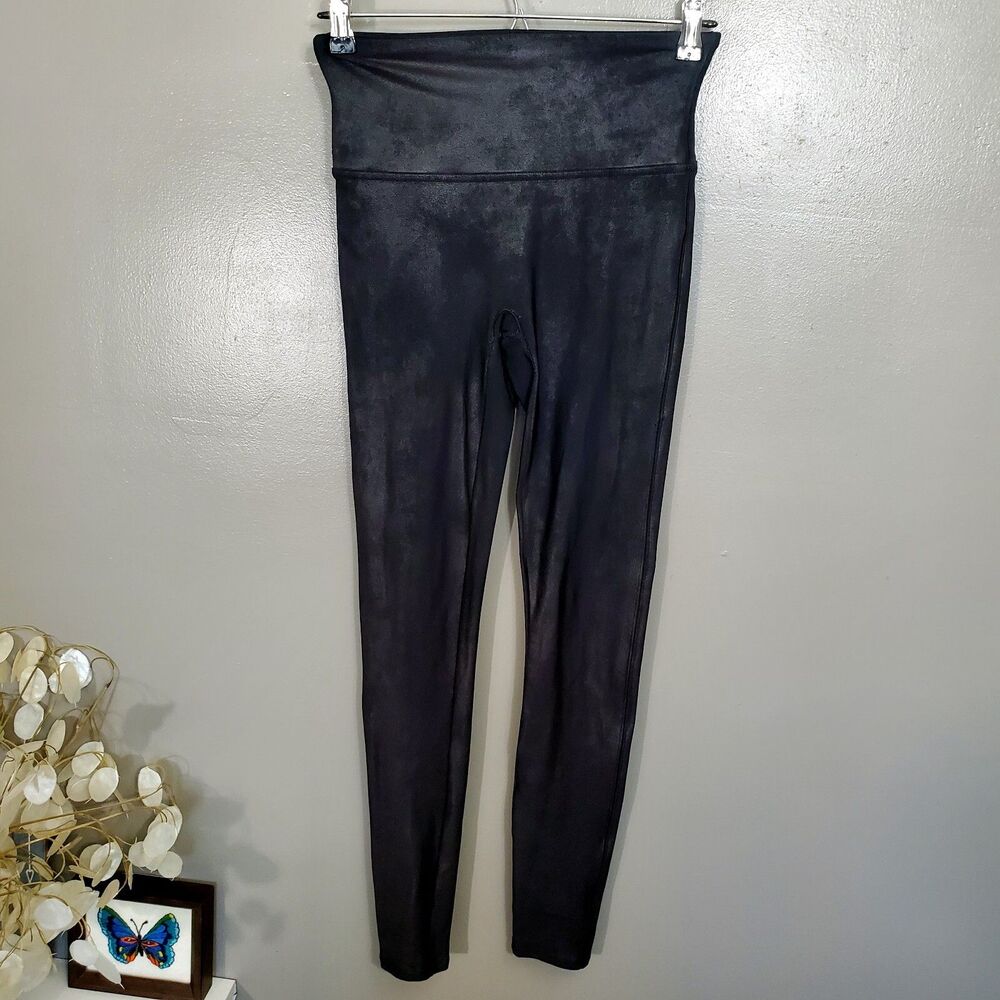 SPANX Leggings Womens Size Medium Shiny Black Faux Leather Look Pants Stretch